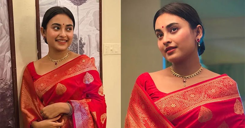লাল শাড়িতে মুগ্ধতা ছড়ালেন তটিনী